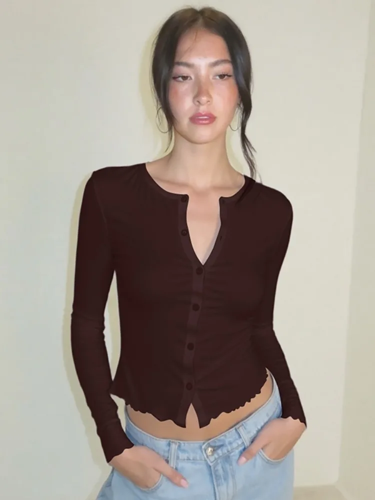 Kendall نمط الصلبة زر حتى أعلى المرأة Y2K الجمالية عارضة الرجعية سليم صالح كم طويل كشكش هيم قميص خمر العصرية شيك #4