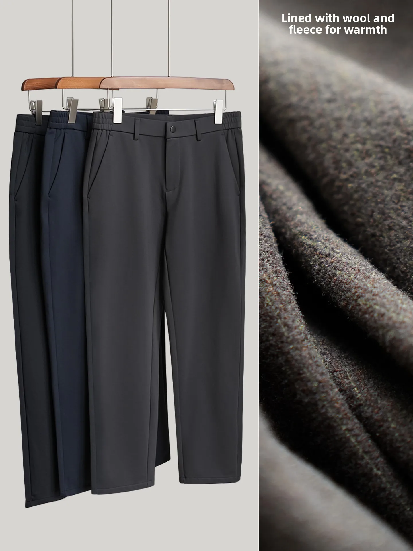 

Мужские повседневные брюки прямого кроя на флисовой подкладке из смесовой шерсти с эластичным поясом, теплые, в стиле бизнес-кэжуал