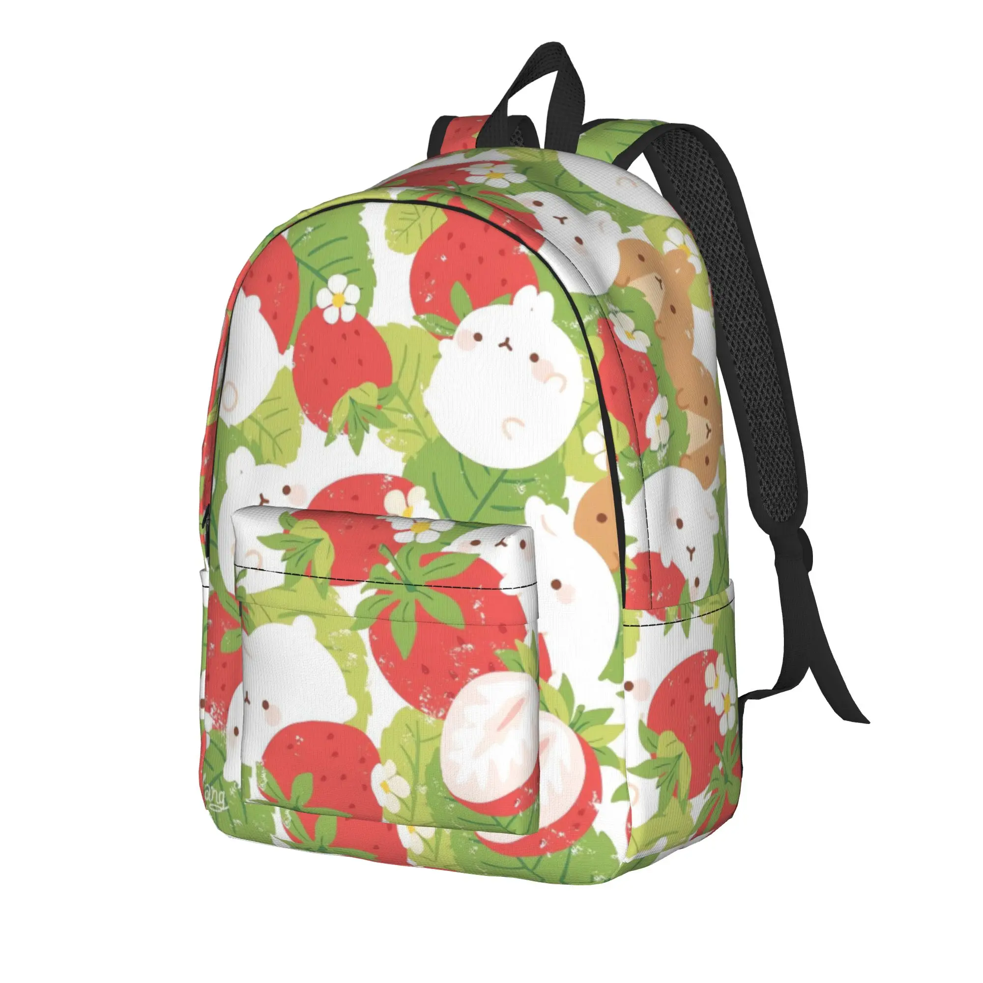 Molang Strawberry Floral Pattern Backpack  Male Polyester University Backpacks Lightweight Aesthetic High School Bags Rucksack