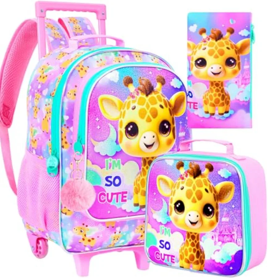 

3PCS Rolling Backpack for Girls Boys, Roller Wheeled Bookbag with Lunch Box, Backpacks with Wheels for Elementary