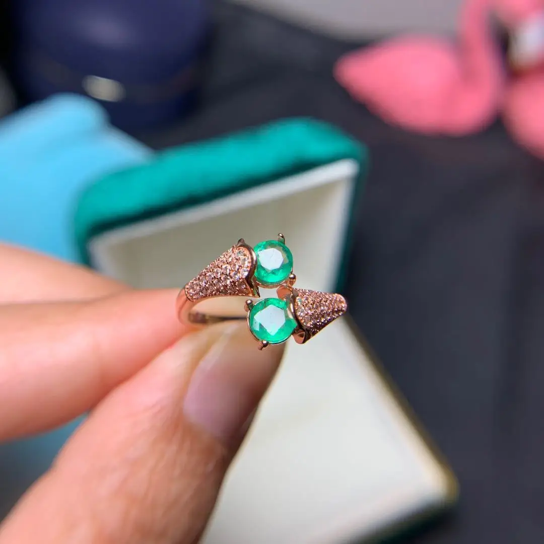 100% Natural Emerald Elegant Two Gemstones Ring for Woman  5mm*5mm Silver Ring Solid 925 Silver Emerald Ring for Party