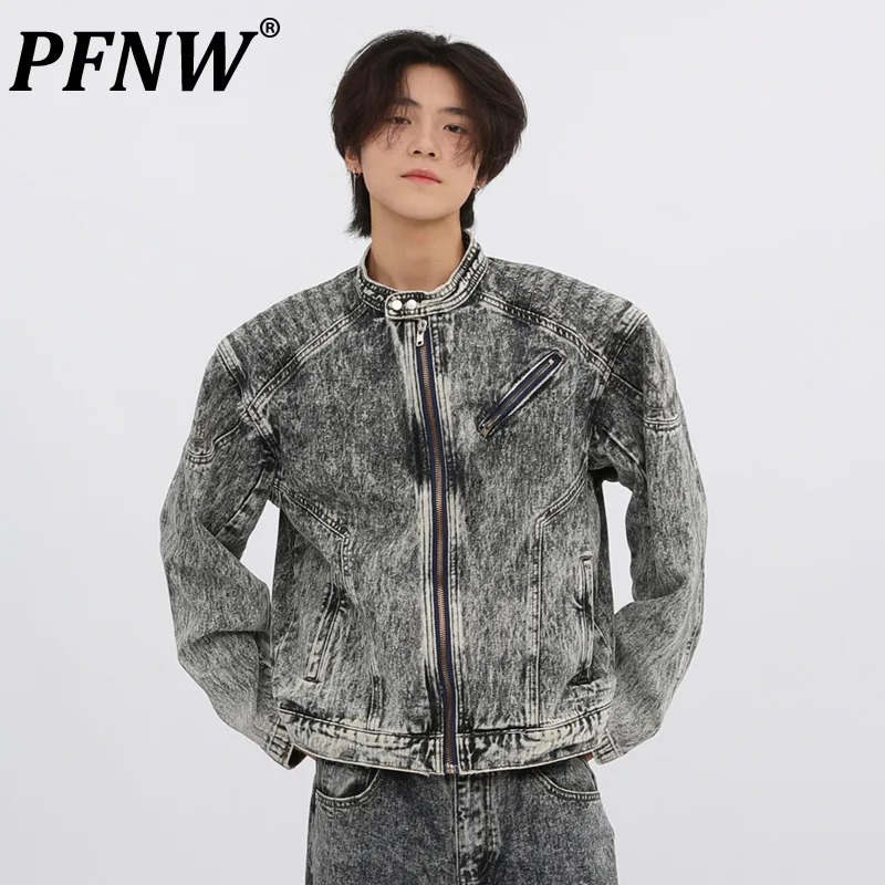 PFNW Korean Trendy Dirty Distressed Stand Collar Zipper Denim Clothes Loose Fit Outwear Men's Denim Coat Autumn New Tops 28W5325