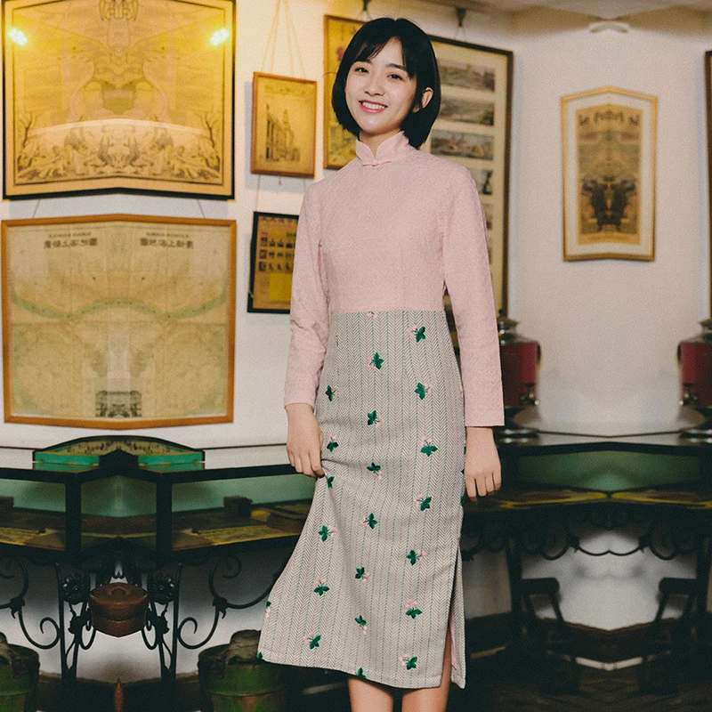 

Ретро-платье средней длины с кружевными вставками и шерстяными элементами, с боковой молнией, длина до щиколотки, для повседневной носки молодыми девушками