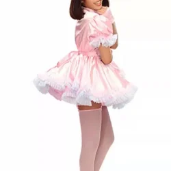 Sexy Pink Satin Man Dress Short Sleeved White Lace Trimmed Organza Lining Maid Cross dressing ABDL Adult Baby Puffy Dress