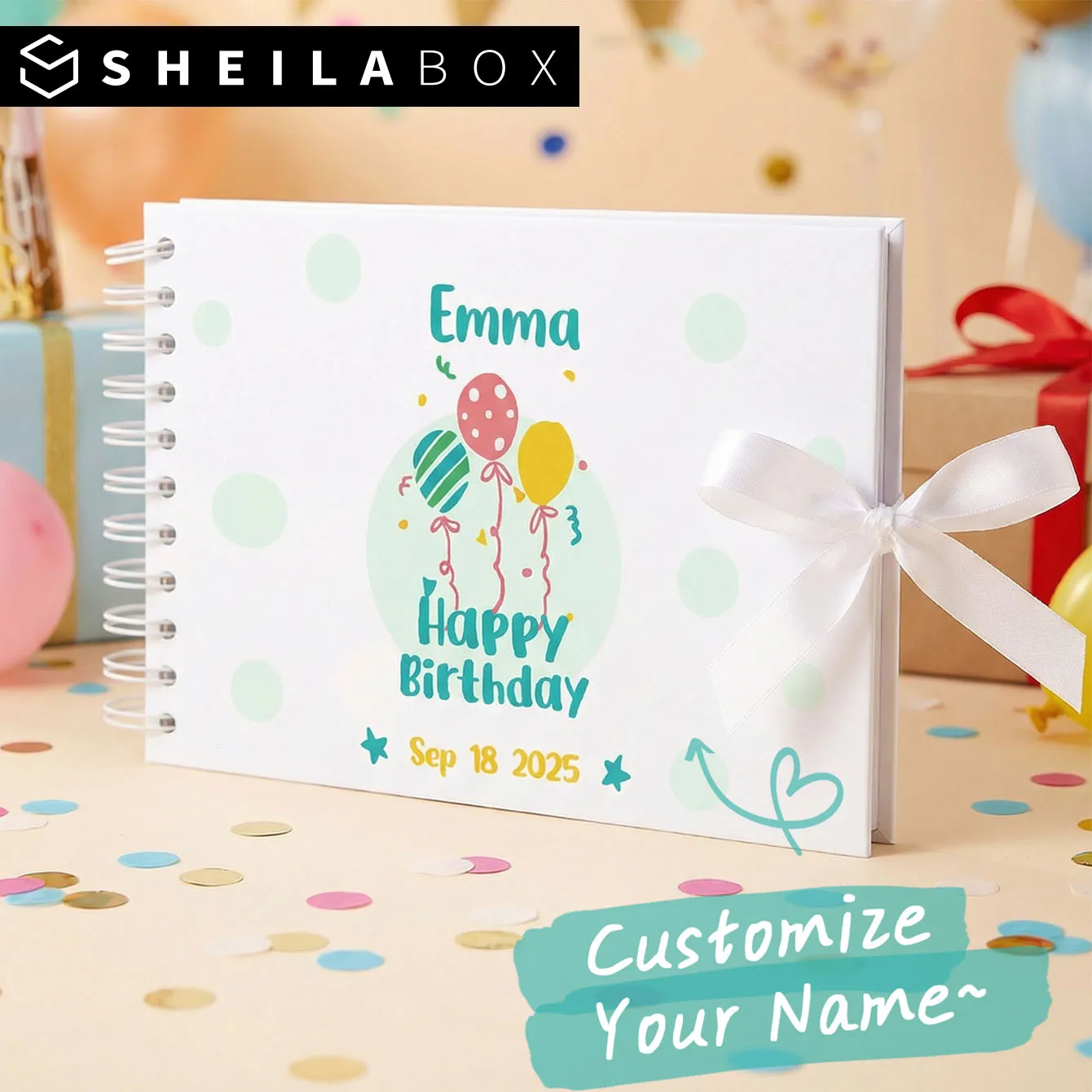 Livre de souvenirs personnalisé Sheilabox A5 pour anniversaire, avec nom et date, livre d'invités, design nœud papillon, pour baby shower, mariage, anniversaire de mariage, fête