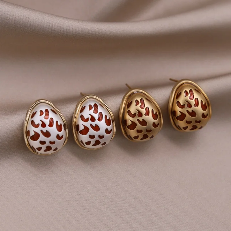 Korean new fashion jewelry two-color gold plated metal water droplet leopard print earrings elegant women's daily accessories