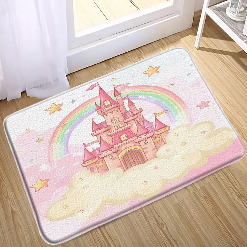 Pink Bow Bath Mat Rainbow Colourful Clouds Castle Love Hearts Polka Dots Stars Stripes Bedroom Doormat Carpet Bathroom Decor