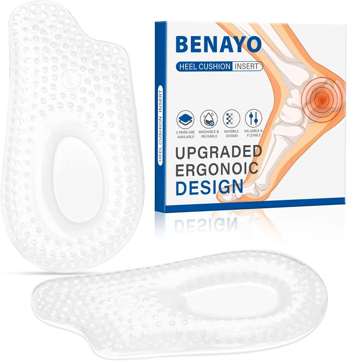 

2Pairs Heel Cups for Plantar Fasciitis, Gel Heel Cushions for Pain Relief & Shock Absorption