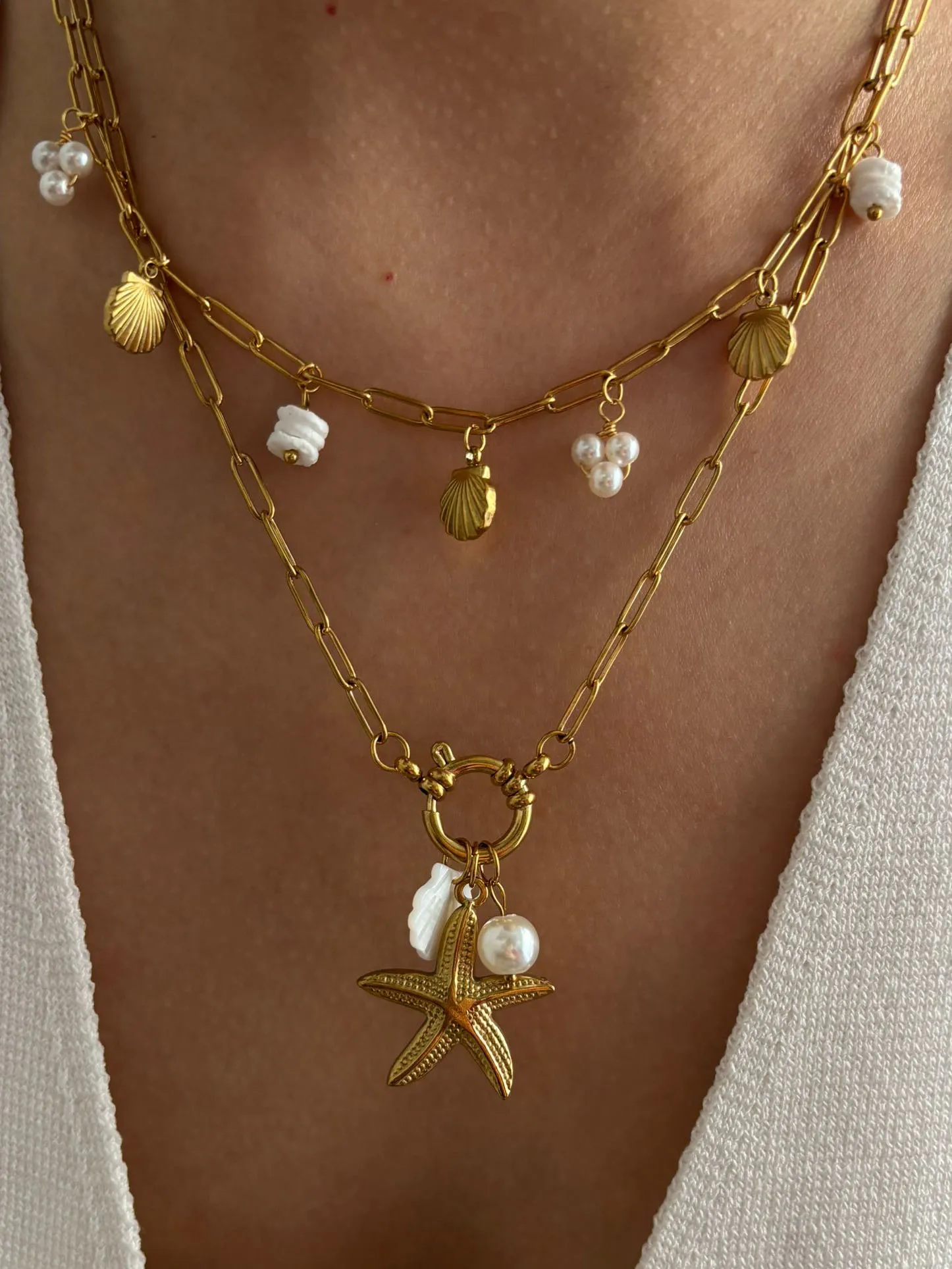 Peri'sbox Bohemian starfish shell pearl women's necklace layered summer beach vacation party popular bijoux acier inoxydable