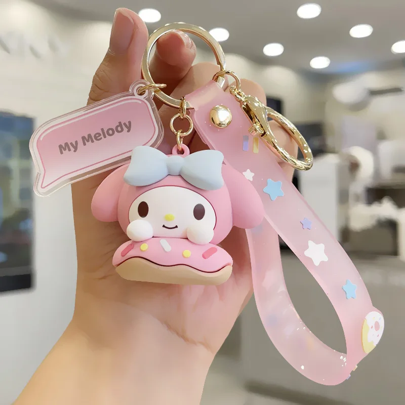 MINISO Donut sanrio llavero de coche exquisito hello kitty melody colgante de bolso de pareja, dibujos animados Kuromi lindo llavero colgante