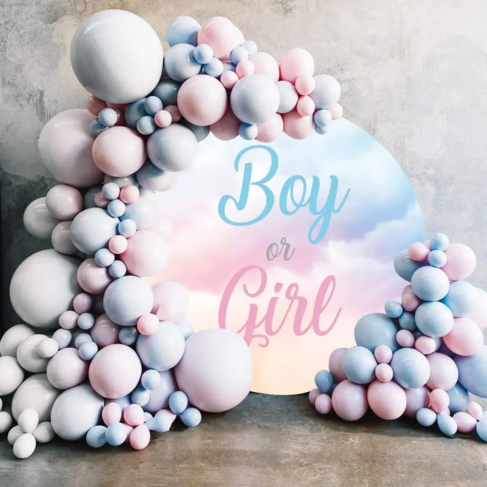 Boy or Girl Gender Reveal Round Backdrop Cover Little Feet Balloons Newborn Baby Shower Reveal Party Photography Background