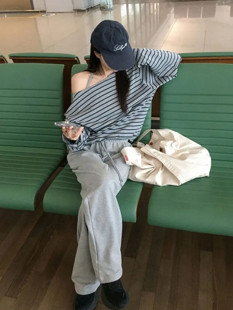 Chic Korean Style Striped Sexy Shoulder Long Sleeve T-Shirt Dongdaemun 2026 Spring Autumn Winter Casual Wear for Women