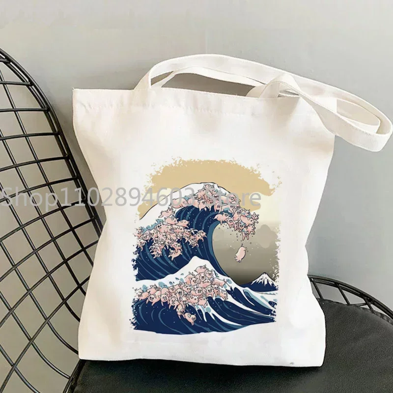 Shopper De Grote Golf Van Kanagawa Bedrukte Draagtas Vrouwen Harajuku Shopper Handtas Meisje Schouder Boodschappentas Dame Canvas Tas