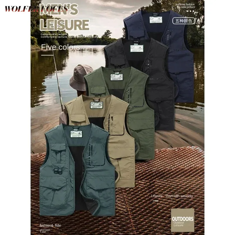 

Denim Fishing Windbreaker Casual Parka Sleeveless Vests Jacket Waterproof Hunting Professional Man Camping Photographer Vest Men