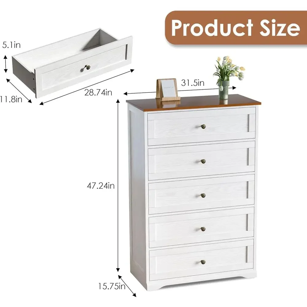 5ft Tall Dresser with Anti-Tip Feature, White with Brown Countertop, Storage Solutions for Bedroom, Closet, Hallway
