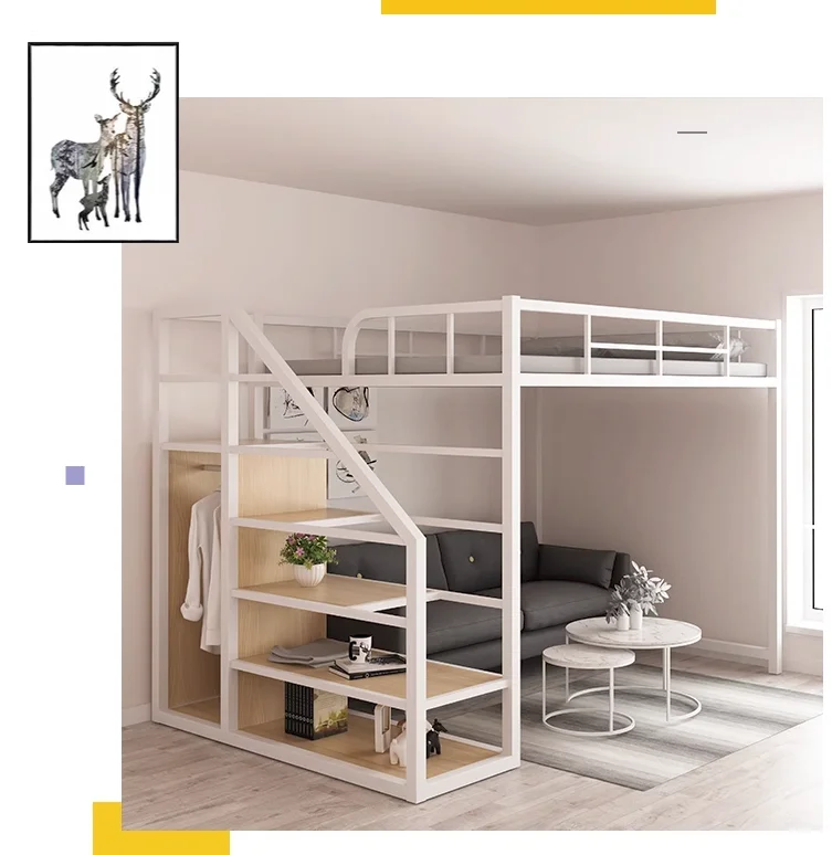 Double decker small unit provincial space attic, upper and lower bunk apartments, high and low iron frame beds