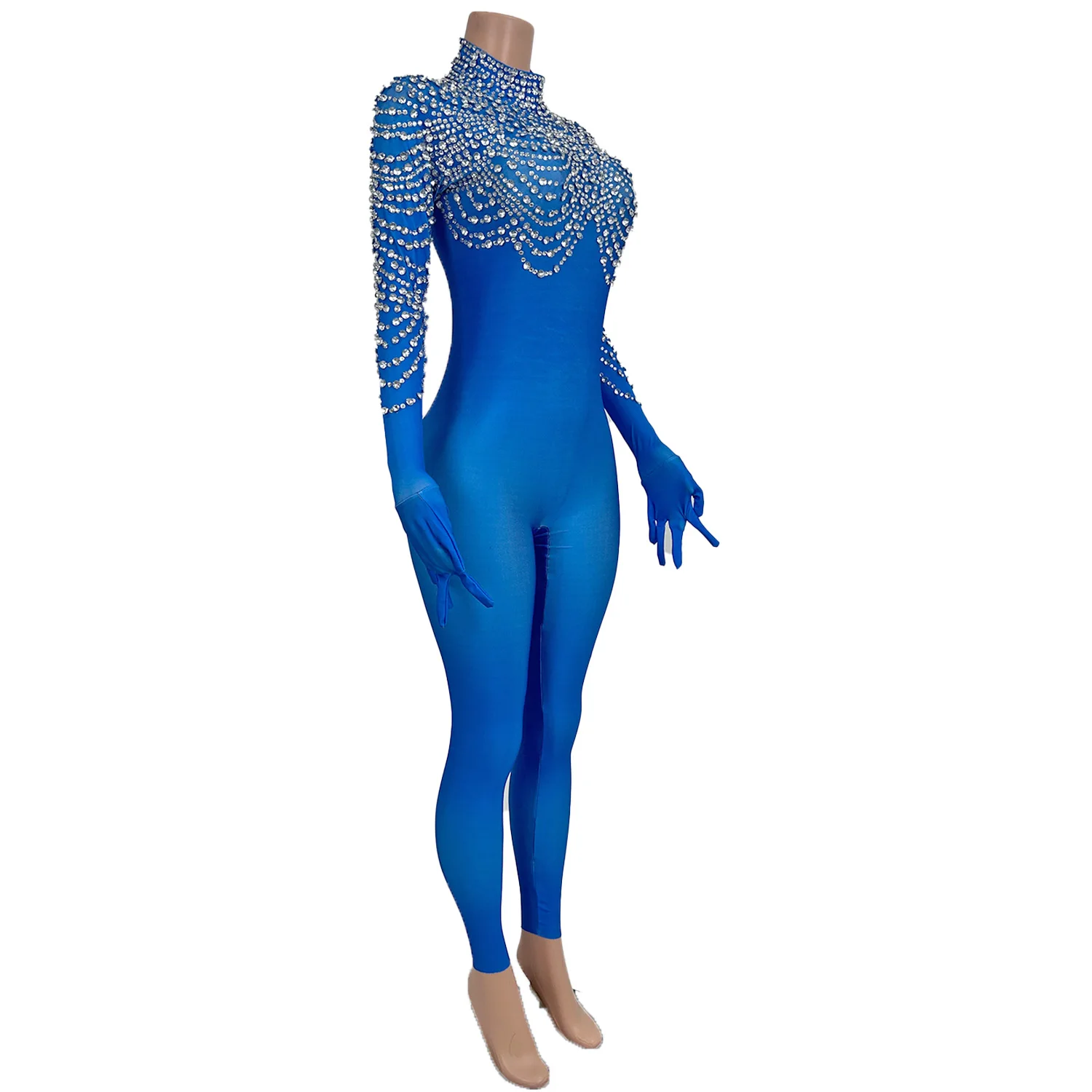 Women Long Sleeved Jumpsuit Blue Rhinestone Street Sports Style Tight Pants Gymnastics Acrobatics Performance Clothes Pijian