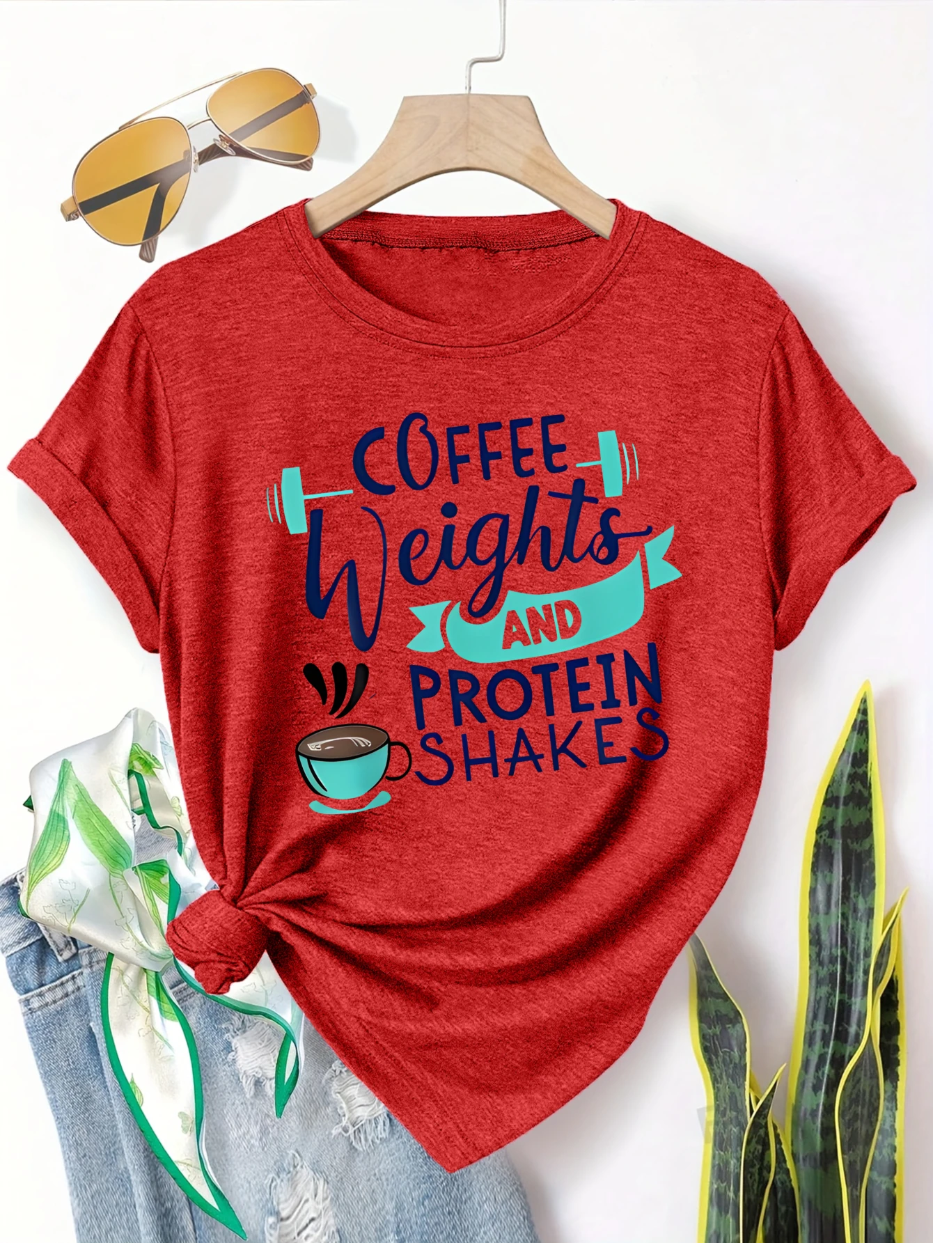 

Plus size women's short sleeve T-shirt Coffee Weights And Protein Shakes Spring and Summer Must-Haves summer outfits women's