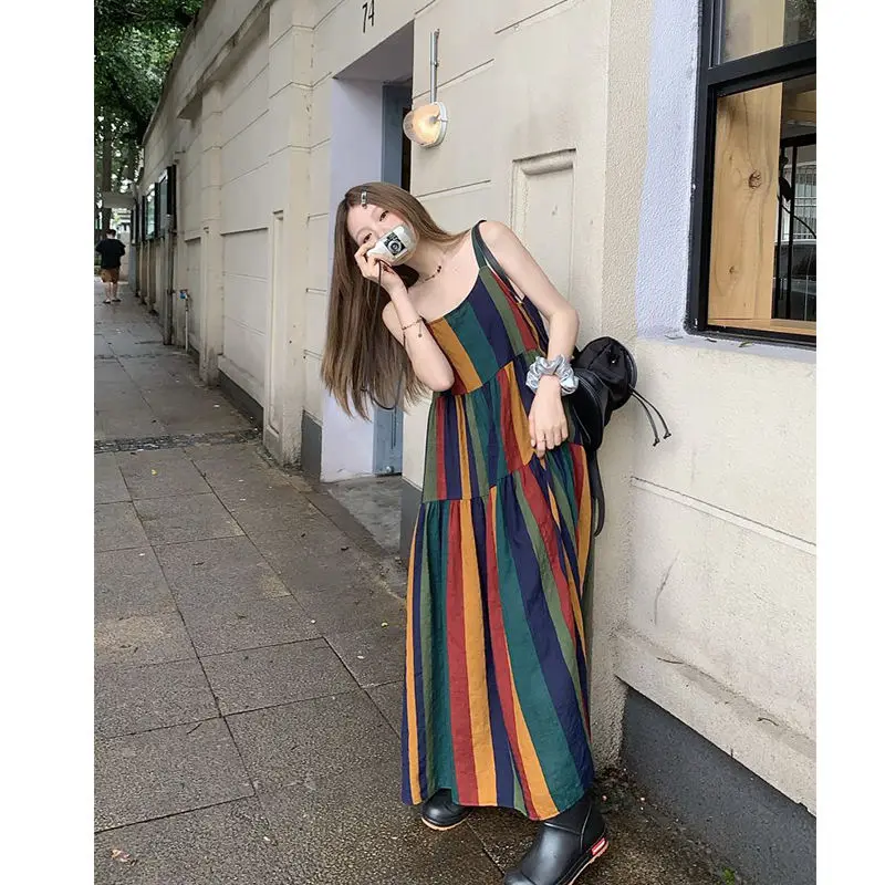 Vintage Rainbow Striped Spaghetti Strap Dress Loose Fit Casual Summer Long Dress