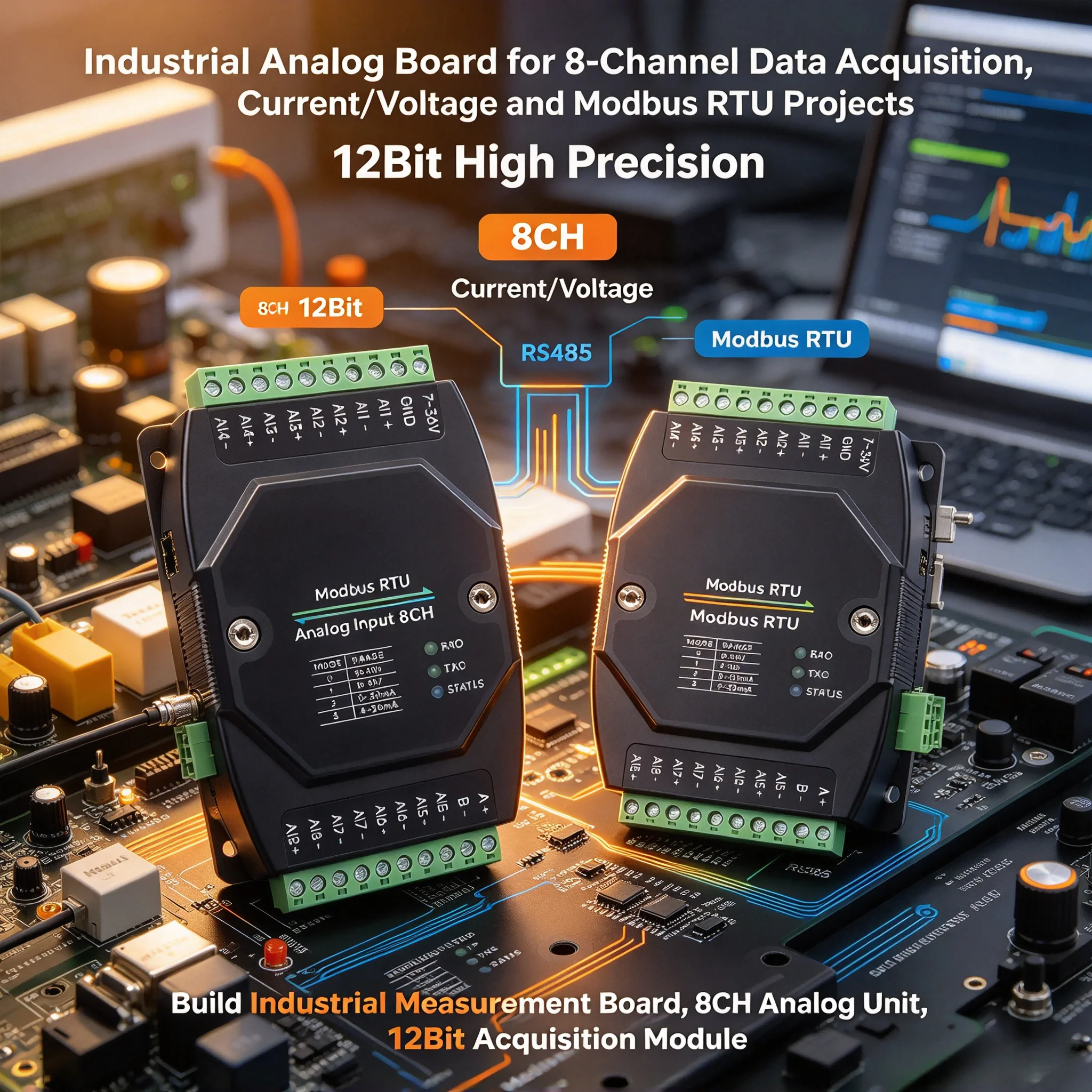 3Pcs 8 Channel Analog Acquisition Module, Industrial Grade, 12Bit High Precision, Current & Voltage Mode Supported