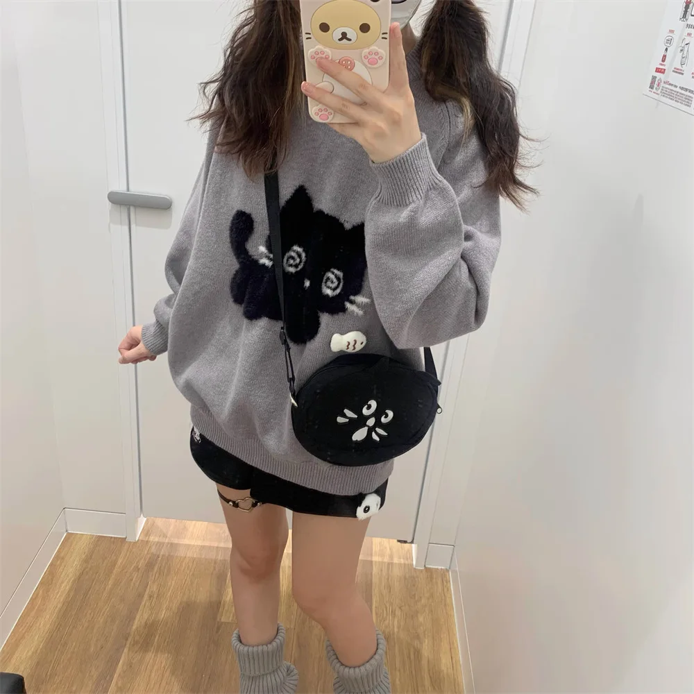 

Kawaii Gray Women Sweaters Japanese Preppy Style Knitted Pullovers Cutecore Oversized Jumpers Sweet Harajuku Soft Girl
