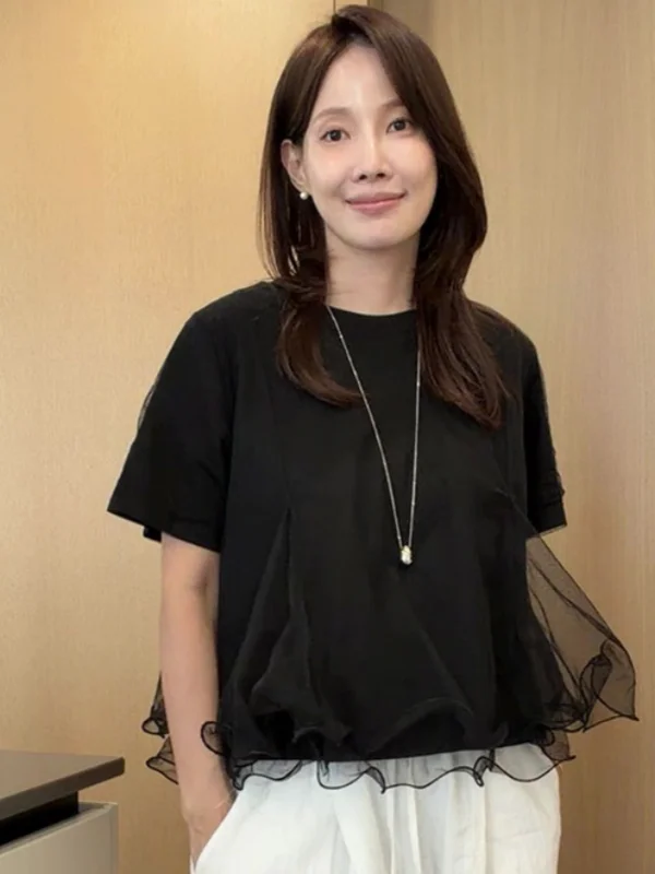 Korean Design Double Layer Wave Mesh Splice Short Sleeve A-Line Doll Shirt Women  Style Age Reduction T-Shirt Summer Wear