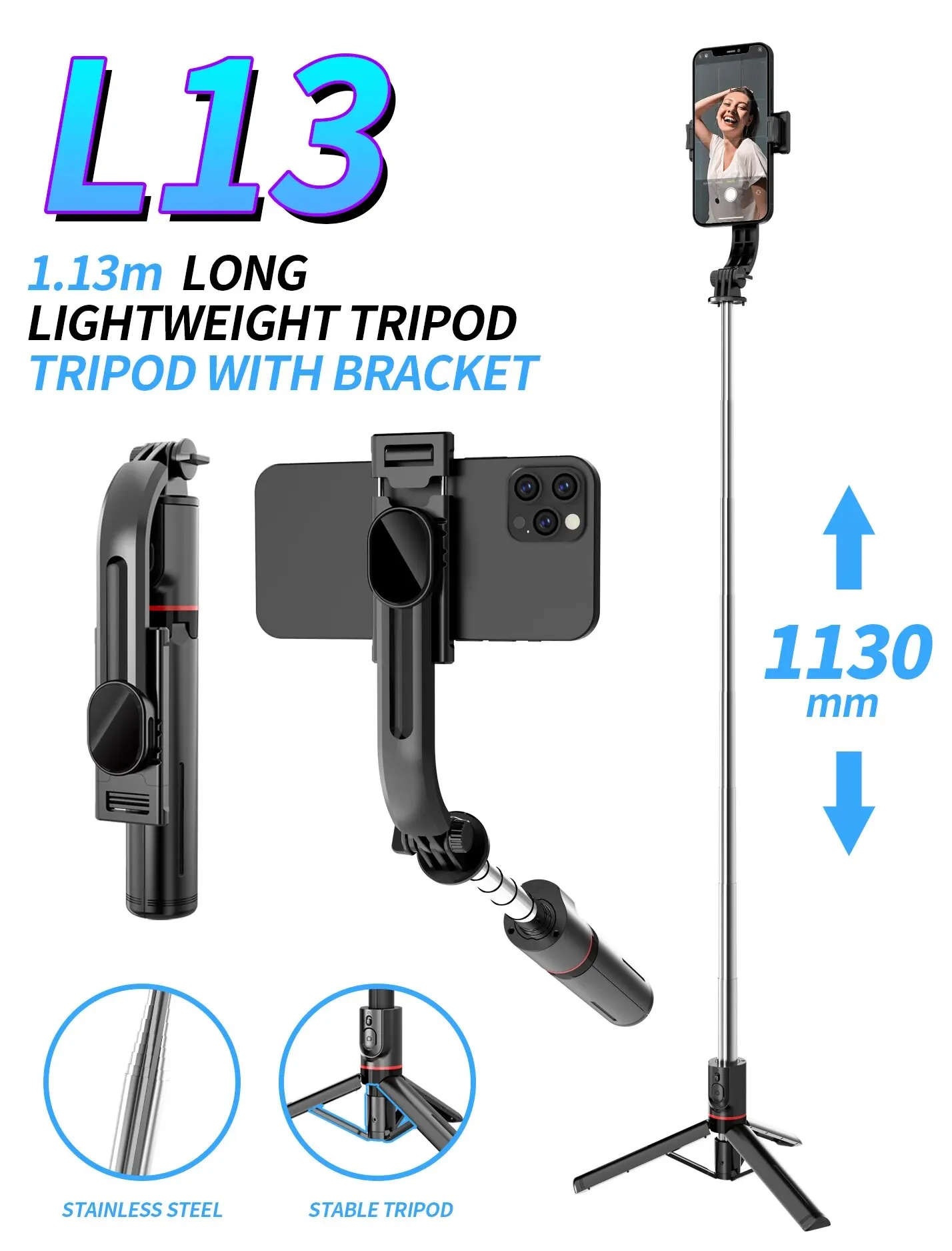 INRAM-L13 Extended Version Wireless Bluetooth Selfie Stick Foldable Tripod with Remote Shutter for Android IOS