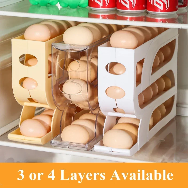 Household Automatic Rolling Egg Storage Box Kitchen Refrigerator Side Door Egg Preservation Rack Egg Boxes 4 Layer Eggs Storage