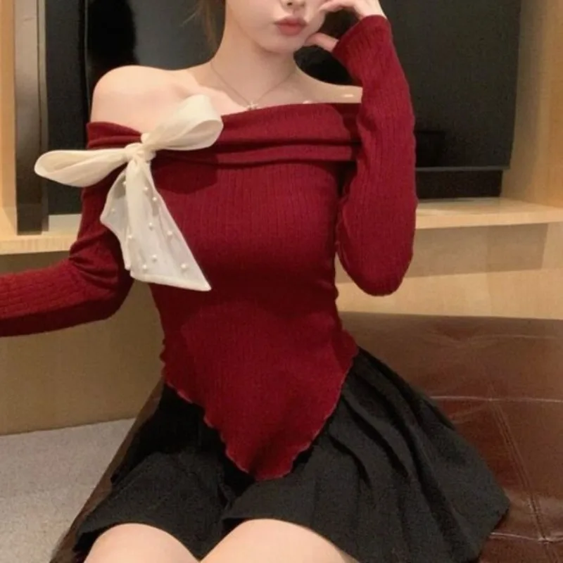 Japanese Style Lolita Patchwork Color Contrast Bow One Neckline Off Shoulder Women\'s 2024 Summer Short Sleeved Knitted Tops