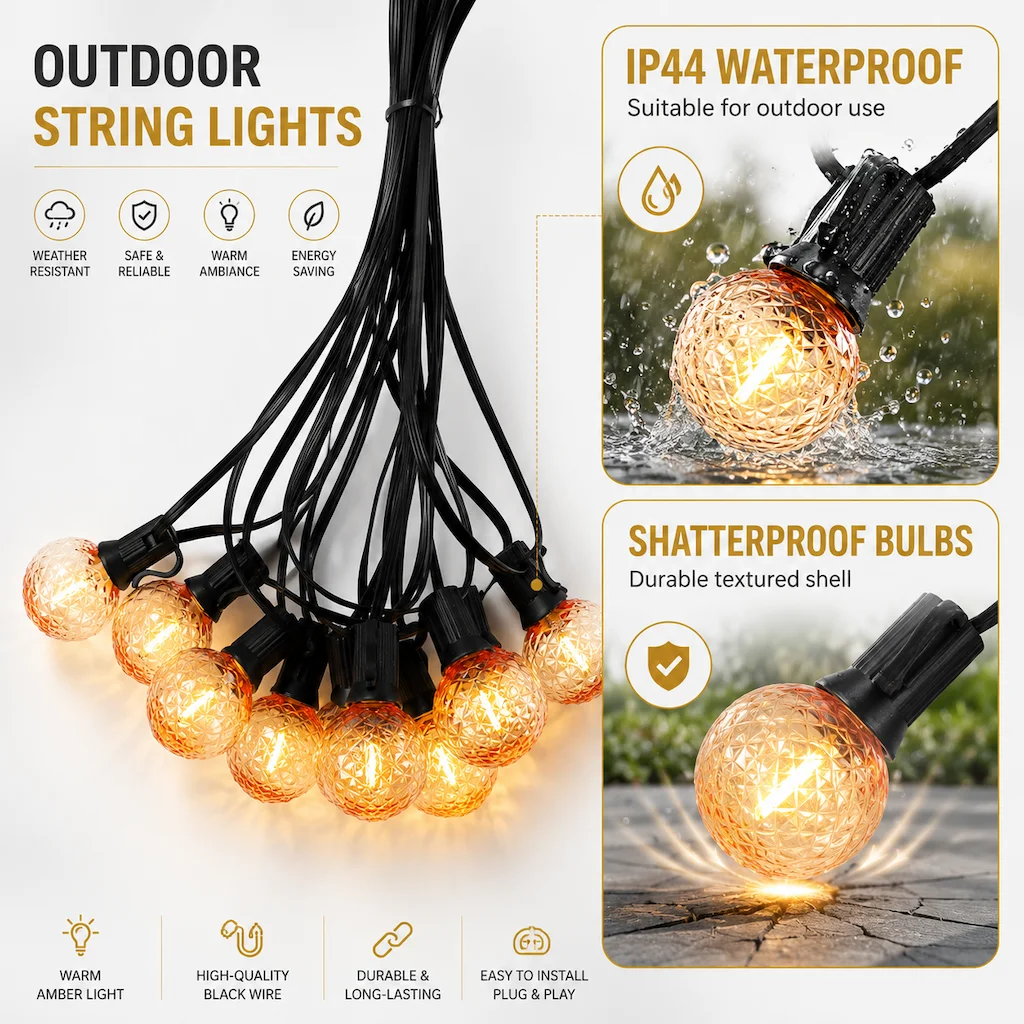 Diamond Amber LED G40 String Light E12 220V EU Waterproof Shatterproof Garden Wedding Mother's Day Outdoor Decoration Light