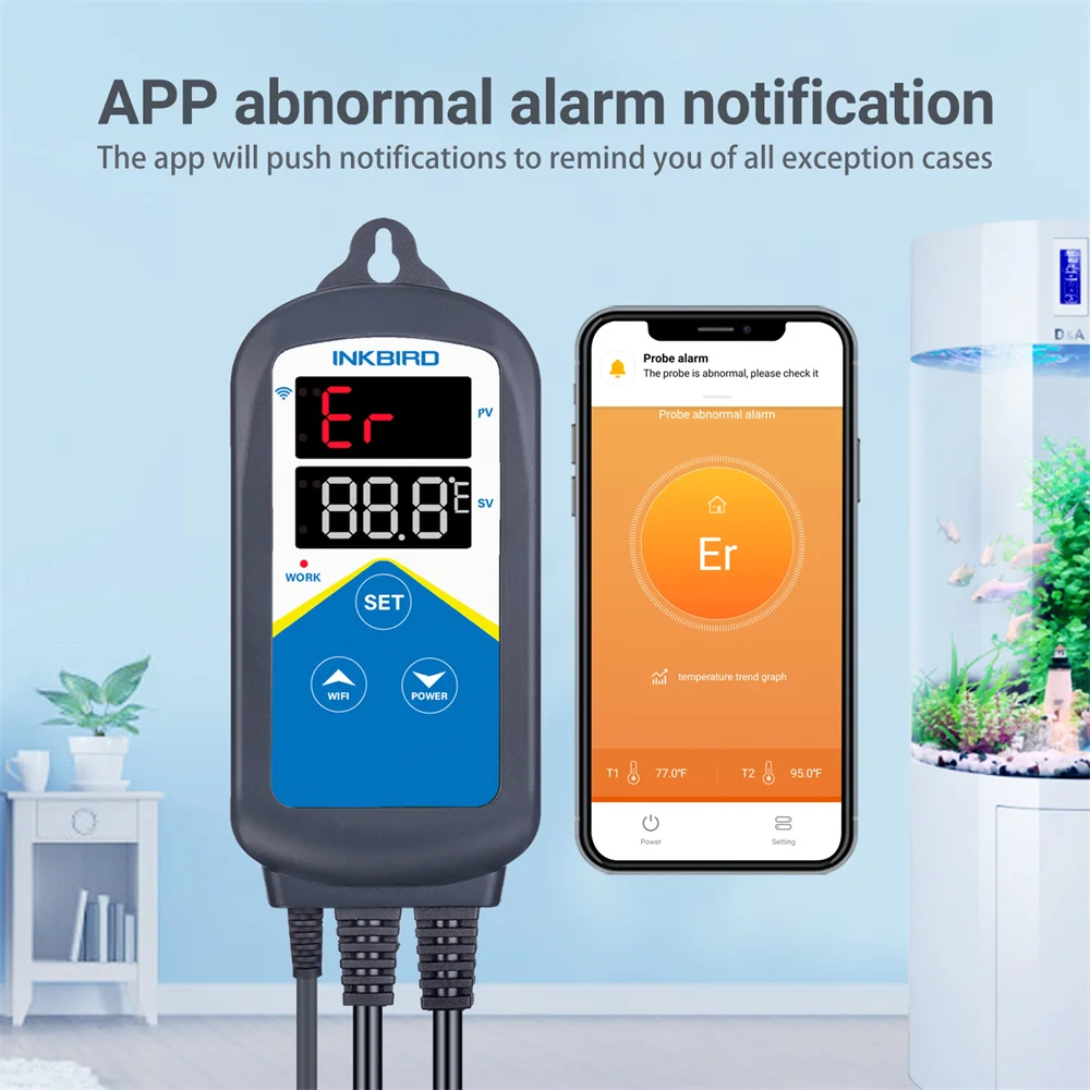 INKBIRD ITC-306A-WiFi Aquarium Temperature Controller Double Sockets Thermometer APP Notification for Fish Tank Water Terrarium