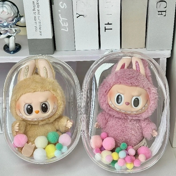 

Colorful Transparent Protector Case Organizer Box for 17cm Labubu Plush Dolls Outdoor Display Bag with Keychain Doll Accessories