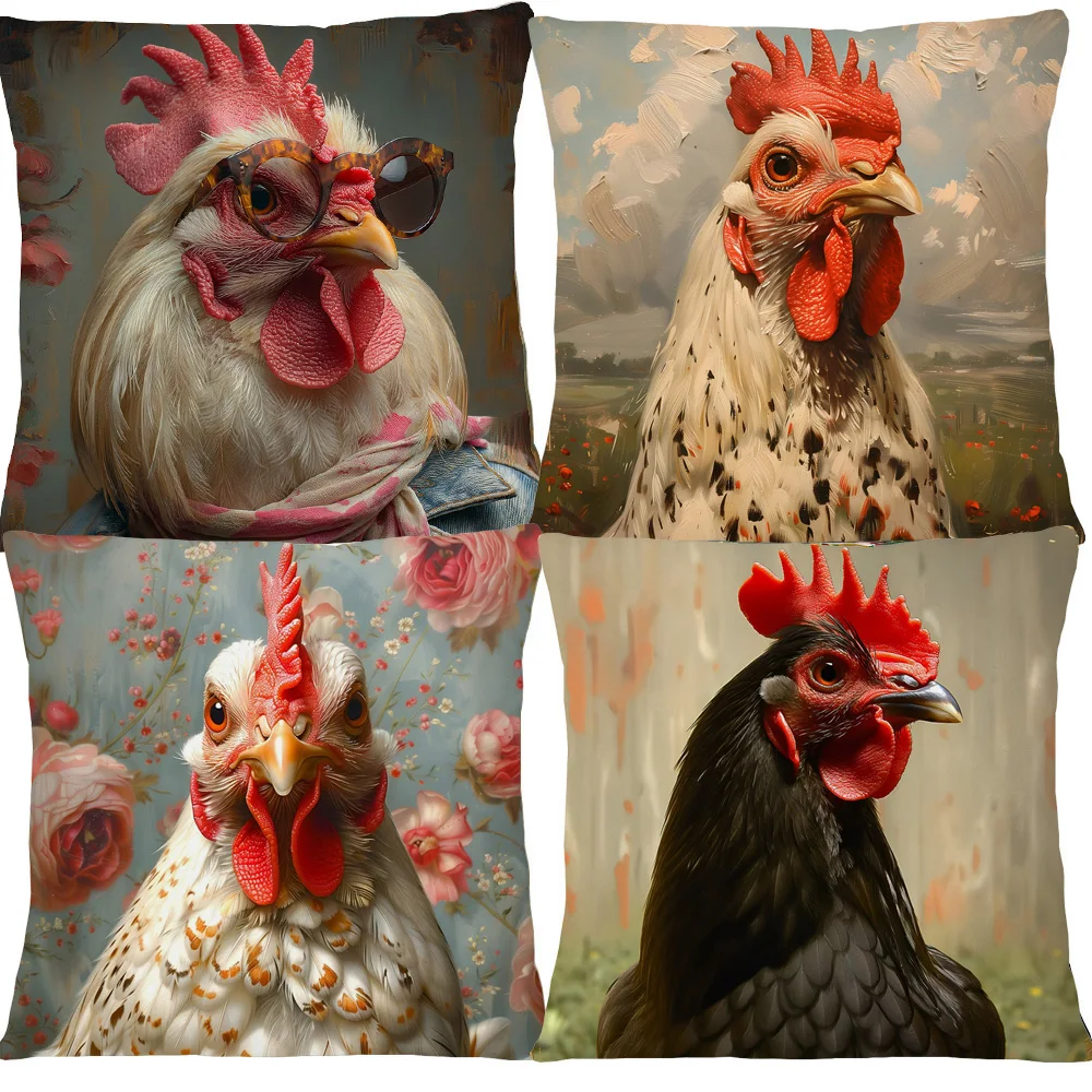 European Chicken Rooster with Glasses Portrait Poster Cushion Covers Hand Painting Pillowcase