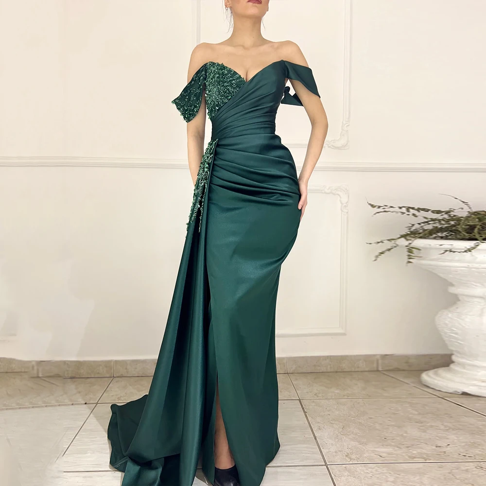 Elegant Formal Prom Dress Pleat With Sequin Applique Off Shoulder Simple Satin Evening Party Gown Sweetheart Neck Floor Length