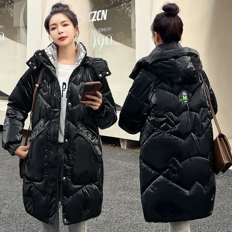 Winter New Korean Loose Padded Jacket Female Large Size Hooded Long Parkas Down Cotton Coat Womens Bright Face Wash Free jacket