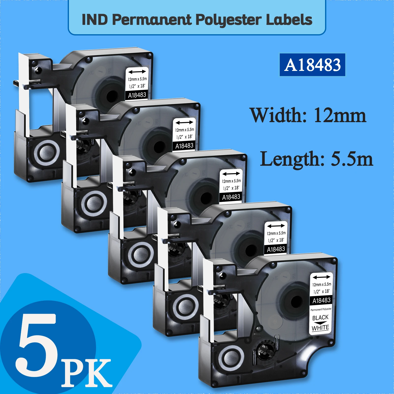 

5 PK IND Permanent Polyester 12mm 18483 Label Tape Black on White Compatible With Dymo Rhino 5000 Rhino 5200 Label Printers