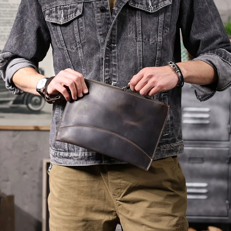 

1pcs Simple Crazy Horse Cowhide Clutch Clothes Men's Retro Wallet Large Capacity Mobile Phone Bag Handmade Real Leather