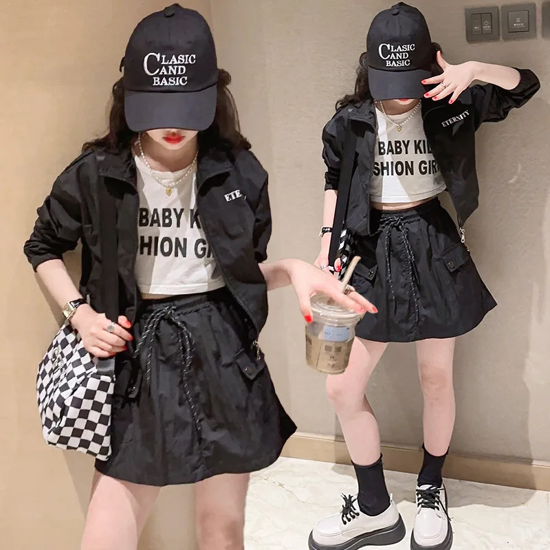 

Korean Summer School Girl Sunscreen Clothing 2-Piece Sets Junior Girl Zipper Sweat Jacket+Drawstring Skirt Kid Girl Clothing Set