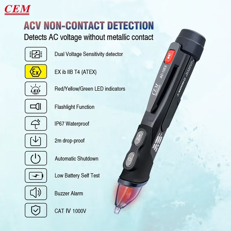 CEM AC-15EX Test Pencil Non-Contact AC Voltage Detector Digital Display 100-1000V ATEX Certificate IP67 Waterproof 2m