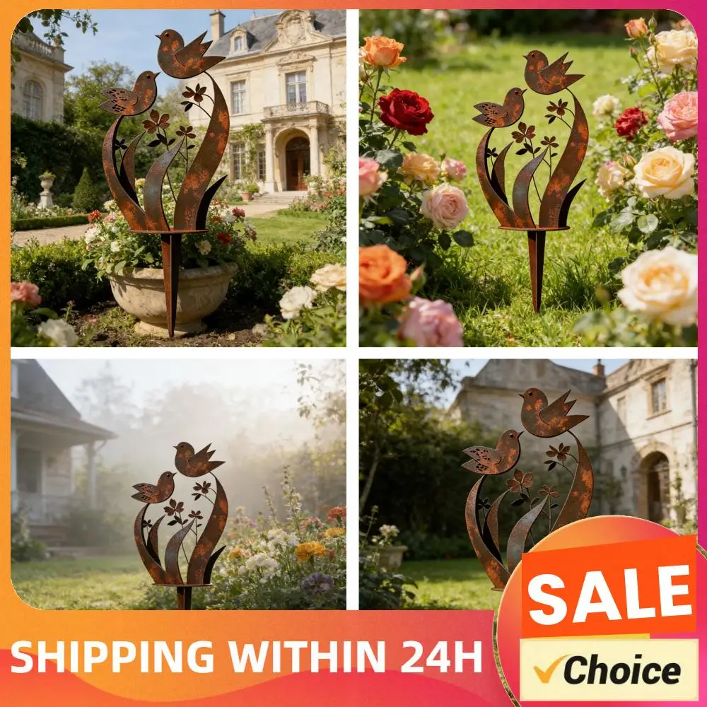 Piquets décoratifs en métal pour plantes d'extérieur, style rétro, pour jardin et pelouse, avec motifs d'oiseaux et de fleurs, robustes pour jardinières, idéal comme cadeau