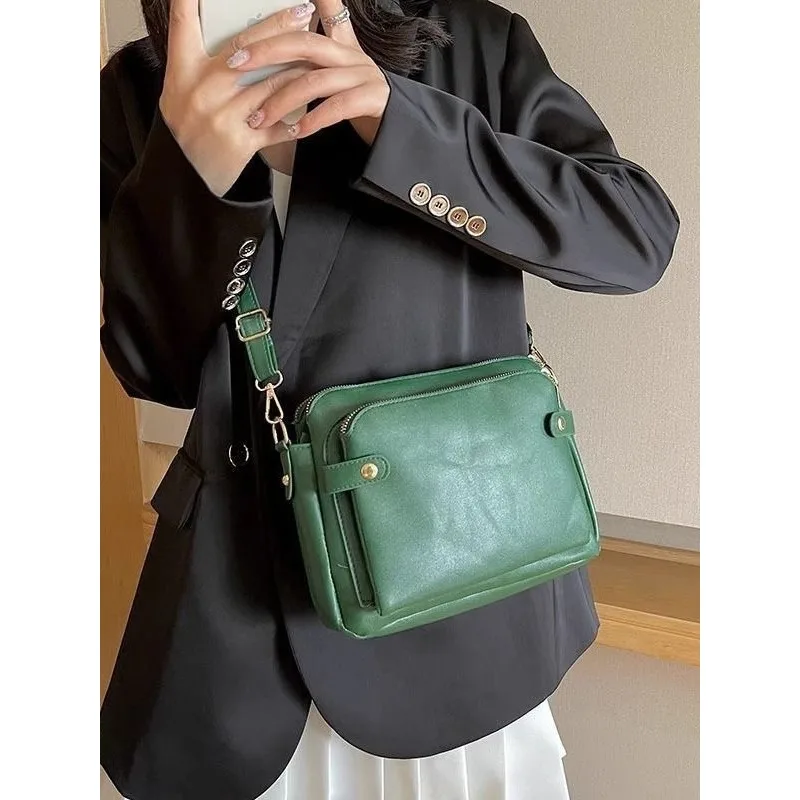 2026 European Retro Three-Layer Leather Crossbody Bag with Multiple Dividers, Handbag, Wallet, Crossbody Bag, Small Square