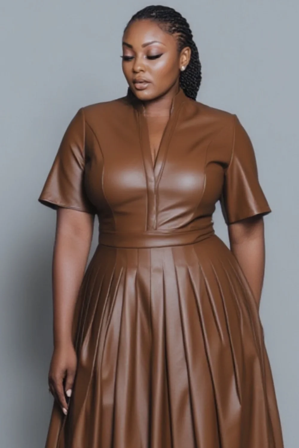 بالإضافة إلى حجم الأعمال عارضة براون الخامس الرقبة قصيرة الأكمام مطوي أنيقة بو الجلود فساتين متوسطة الطول