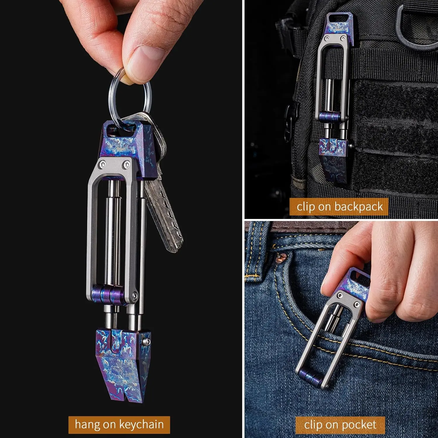 Pocket Small Prybar, EDC Multitool with Decompression Pulley, Flat Pry Bar Mini Crowbar,Outdoor Mens Keychain Gadgets (Black)