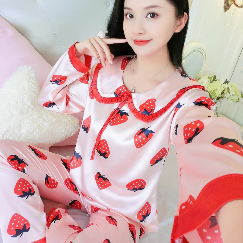 

Pajamas Set for Women's Autumn New V-neck Silk Korean Loose Sweet Cute Cartoon Long-sleeve Home Wear Cloth Sexy Women Sleepwear