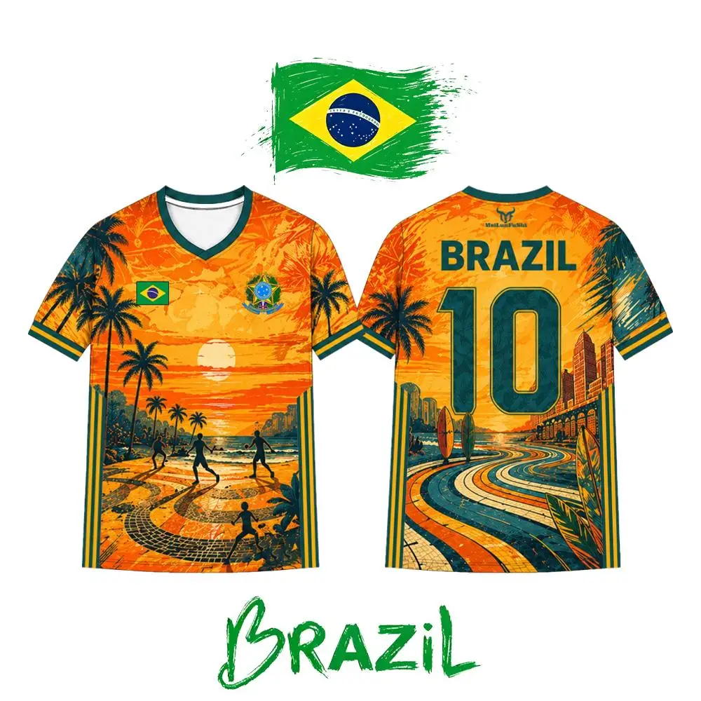 

2026 New Brazil Flag Print Football Jersey Summer Men's Outdoor Sports Quick-drying Breathable O-neck Top Unisex Kids T-shirt