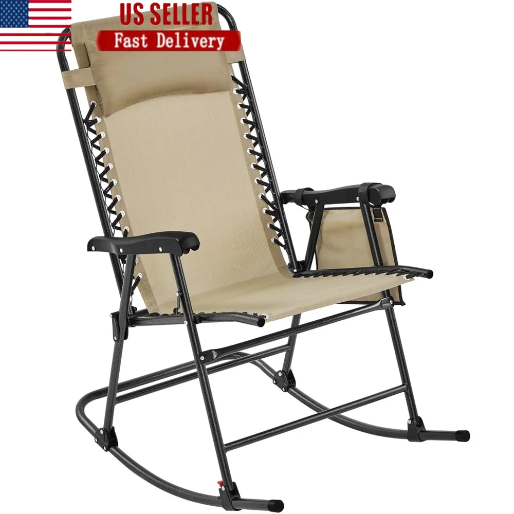 

26in Folding Rocking Lounge Chair with Cupholder Adjustable Backrest Cotton-Padded Pillow Zero Gravity Recliner Outdoor