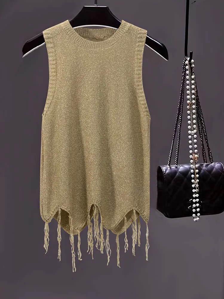 Women's round neck sleeveless tassel design camisole knit vest | Fashionable and versatile women's top, Casual Elegant