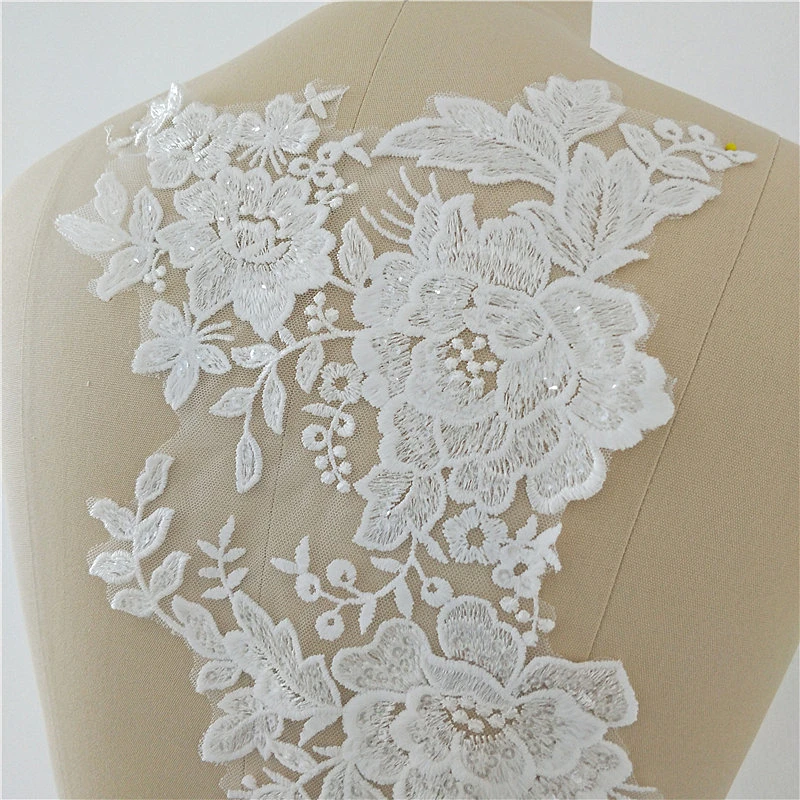 Lace Fabric Embroidered Wedding Gown Appliques, Baroque Trims, Collar Mesh Sew On Patches for Dress, DIY Decoration, Off White