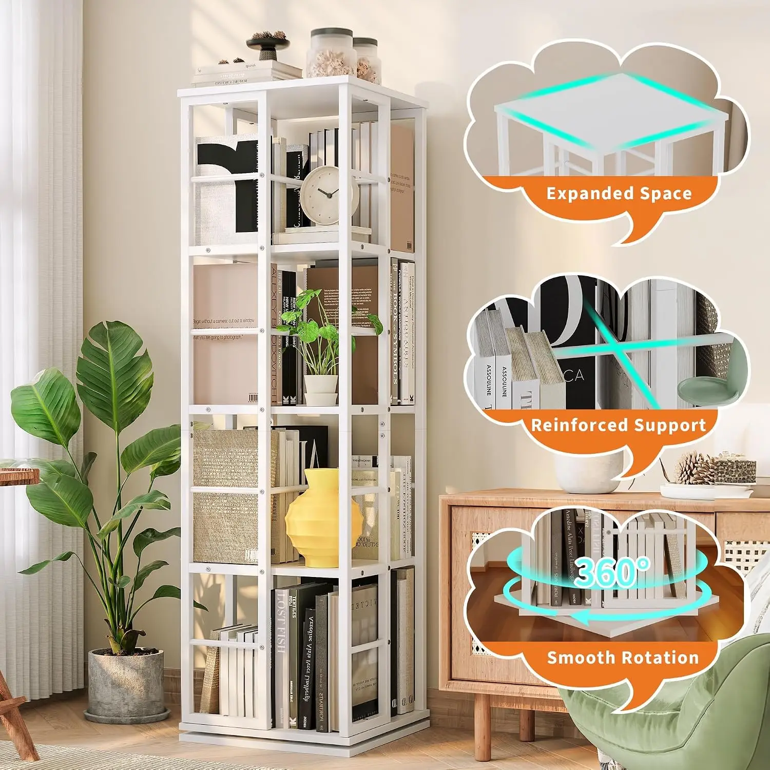 Garvee 4 Tier 360 Degree Rotating Bookshelf Floor Standing Storage Rack Creative Bookcase for Home Living Room Student Kids Book Organizer