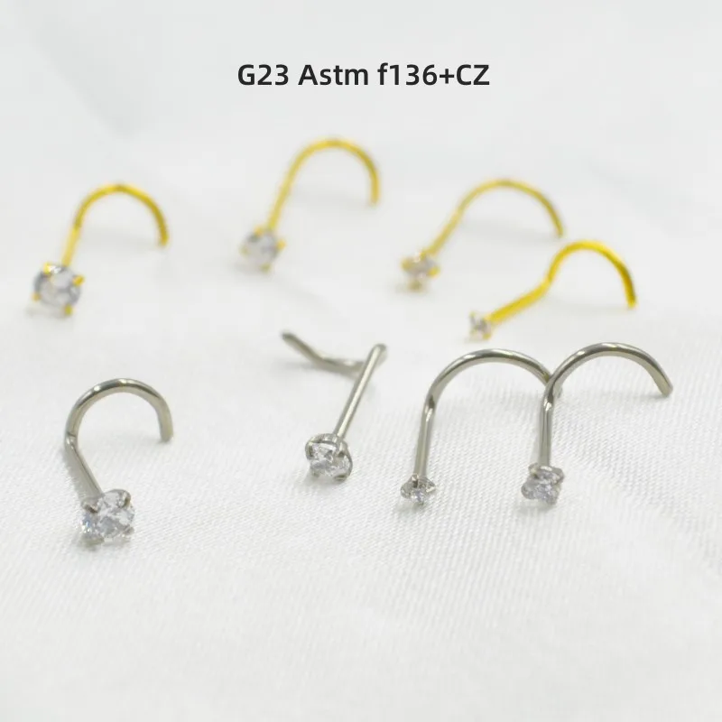 

Wholesale 50pcs/Lot Popular CZ Nose Stud Screw G23 Titanium Nose Ring Nose Piercing 20GX1.5mm 2mm 2.5mm 3mm Sliver/Gold